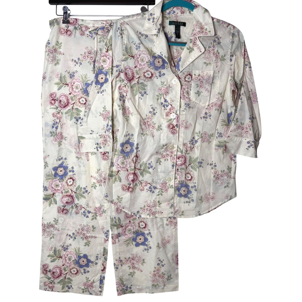 Lauren Ralph Lauren Monogram Pajama Set S Floral 100% Cotton Cottagecore Pant